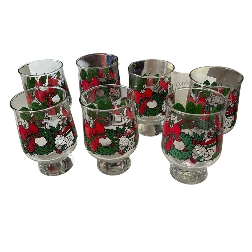 Christmas Low Ball Thick footed Glasses Holly Red ribbon Wreath candles green - Picture 6 of 6